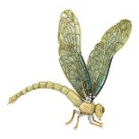 An enamel, diamond and gem dragonfly brooch, the shaded green plique-à-jour enamel wings to a