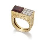 An 18ct gold, garnet and diamond ring by Andrew Grima, the textured geometric band collet-set to the