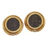 A pair of 18ct gold, diamond and bronze coin earclips by Bulgari, each composed of a single