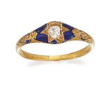 A late Victorian gold, diamond and enamel ring, the slightly tapering band with single old-cut