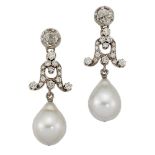 A pair of diamond and cultured pearl drop earrings, the teardrop-shaped cultured pearls suspended