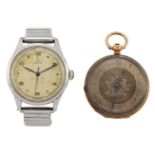 A stainless wristwatch by Omega and a 19th century gold pocket watch, the wristwatch with circular