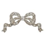 A diamond bow brooch, the openwork ribbon bow set with old-brilliant-cut diamonds with diamond