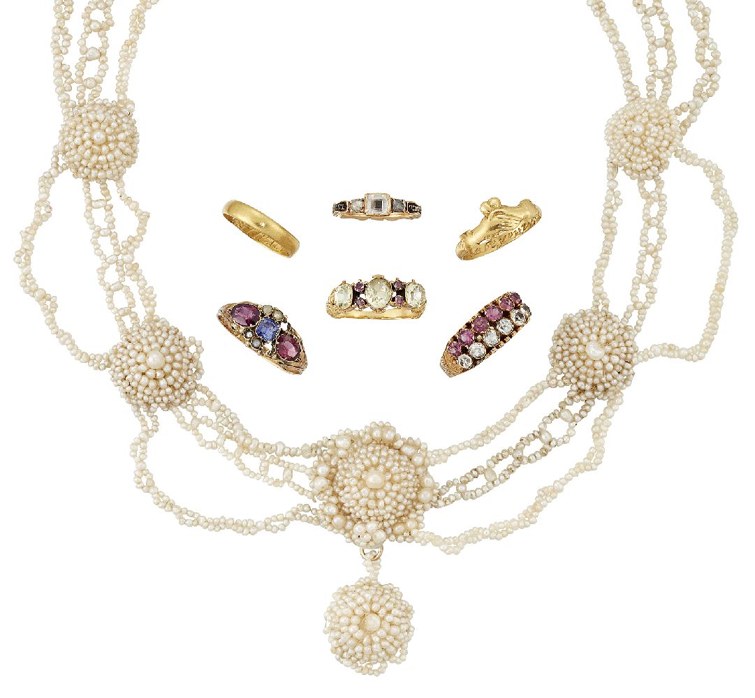 AMENDMENT A group of six antique gold rings and an early 19th century seed pearl necklace, rings