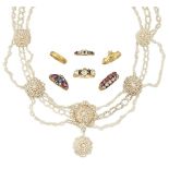 AMENDMENT A group of six antique gold rings and an early 19th century seed pearl necklace, rings