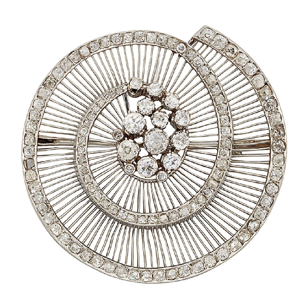 A diamond brooch, of old and circular-cut diamond spiral design with cluster centre against a