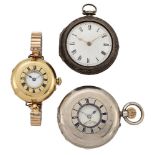 A group of three watches, comprising: an18th century English silver pair case verge pocket watch,