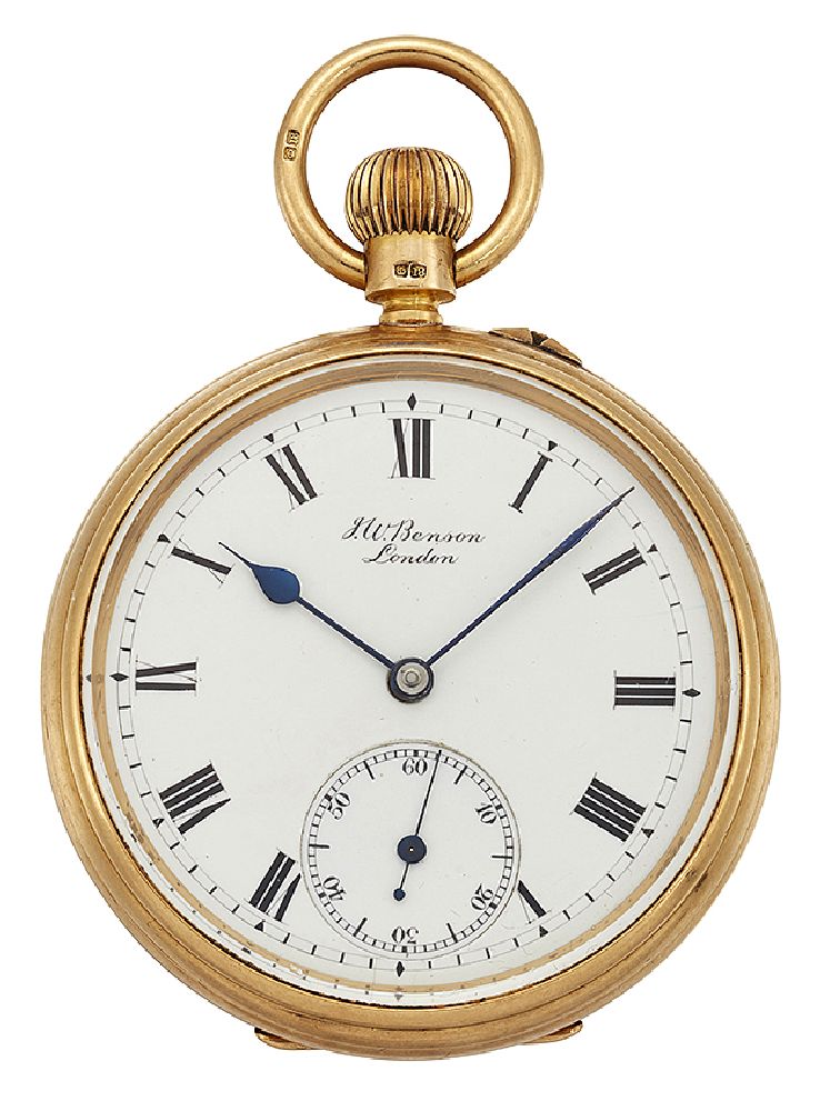 An 18ct gold open-face pocket watch, by Benson, the white enamel dial with Roman numerals,