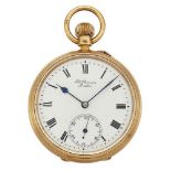 An 18ct gold open-face pocket watch, by Benson, the white enamel dial with Roman numerals,