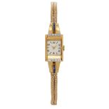 A lady's 18ct gold, diamond and sapphire-set wristwatch by Vertex, the rectangular white dial with