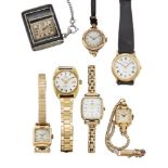 A group of watches, comprising: an 18ct gold wristwatch by Longines with square dial and