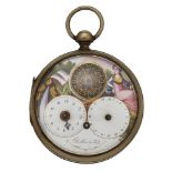 A late 18th / early 19th century nickel-plated openface verge, calendar pocket watch, the painted