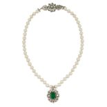 An emerald, diamond and cultured pearl necklace, the central pendant with oval emerald to a