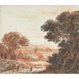 Manner of Claude de Lorrain, 18th century- Shepherd with sheep on a path with woodland and distant
