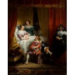 Herminie Deherain, French 1798-1839- Lady in her bedchamber with a suitor and attendants; oil on