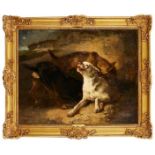 Joseph Urbain Melin, French 1814-1886- Chiens chassant le Blaireau; oil on canvas, signed and