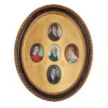 British School, early-mid 19th century- A collection of five portrait miniatures in a shared