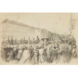 Franz Teichel, German b. 1861- ?- Procession of Alexander II; pencil, ink and wash, heightened