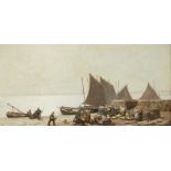 Alexander Young, Scottish 1865-1923- Boats in harbour, possible Fife; oil on canvas, signed and