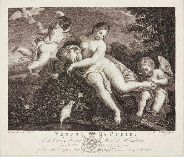 Jean-Baptiste Michel, French 1748-1804- Venus & Cupid, after Carlo Maratti; copper engraving on