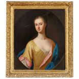 Circle of Jonathan Richardson, British 1665-1745- Portrait of a lady half-length in a yellow and