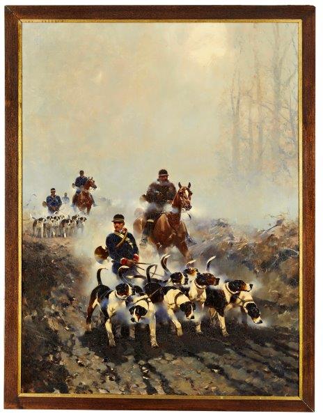 René Charles Pierre Princeteau, French 1843-1919- Early morning, bringing out hounds with huntsmen