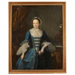 John Giles Eccardt, German/British 1720-1779- Portrait of a lady in a blue dress, three quarter