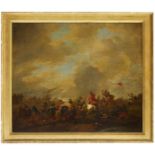 After Philips Wouwerman, Flemish 1619-1668- Battle scene between Orientals and Europeans; oil on