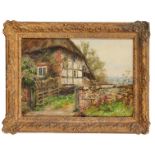 Frank Moss Bennett, British 1874-1952- Cottage at Amberley; oil on canvas board, signed, inscribed