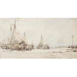 James Webb, British 1825-1895- Beached fishing vessels; pen and brown black ink and watercolour,