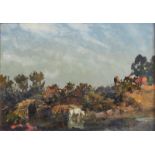 Attributed to William James Muller, British 1812-1845- Landscape with cows by a river; oil on