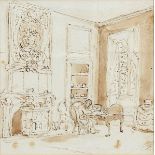 British School, late 18th/early 19th century- A gentleman seated at his desk in a grand interior (