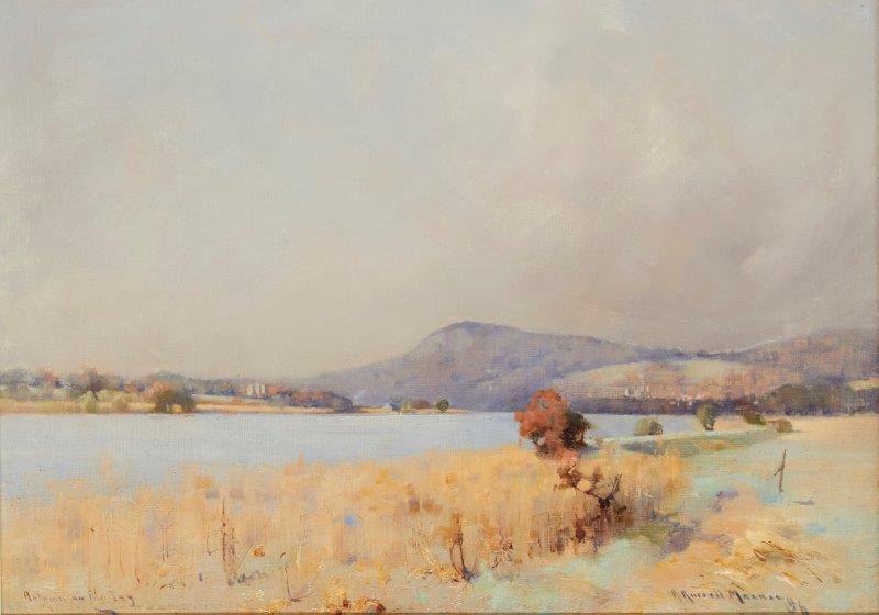 Robert Russell MacNee RGI, Scottish 1880-1952- Autumn on the River Tay; oil on canvas, signed,