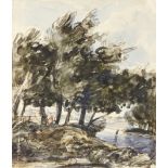 Follower of John Constable RA, British 1776-1837- River landscape with woodland; watercolour over