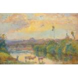 M Bonhomme, French, mid/late 19th century- Cattle in a river, with a chateau in the distance; oil on