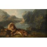 Charles Towne, British 1763-1840- Lions in a lakeside landscape; oil on panel, signed, 15.5x23.