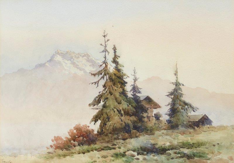 Angelos Giallinas, Greek 1857-1939- Mountain landscape; watercolour, signed, 33x47cm Provenance: