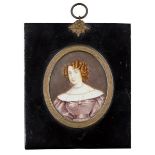 Manner of John Hoskins, A portrait miniature of a lady, quarter-length in a mauve coloured dress
