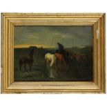 Follower of Évariste Vital Luminais, French 1822-1896- Watering horses at a moorland pond; oil on