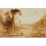 British School, early 19th century- Lakeside scene with figures; ink and brown wash on paper, signed