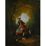 French School, late 18th/early 19th century- Woman riding a rearing horse in a wooded landscape; oil