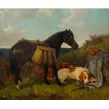 John Sargent Noble RBA, British 1848-1896- A gamekeeper's pony and resting setters; oil on canvas,