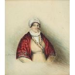 A Brown, British Provincial School, early-mid 19th century- Portrait of a woman in a red shawl,