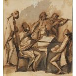 Follower of Gabriel de Saint-Aubin, French 1724-1780- Musicians gathered round a harpsicord; pen and