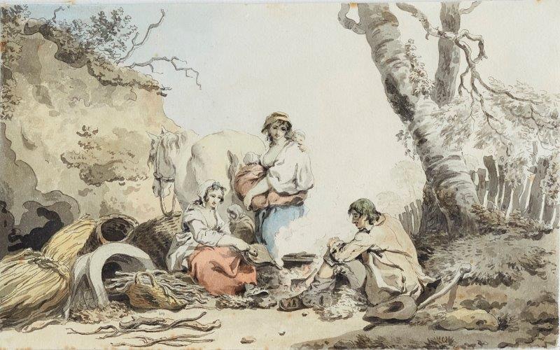 Francis Wheatley RA, British 1747-1801- A Gypsy Encampment/Gypsies Cooking their Kettle; pen and