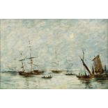 Circle to Eugene Boudin, French 1824-1898- Boats moored in a harbour; oil on canvas, 26x39cmPlease