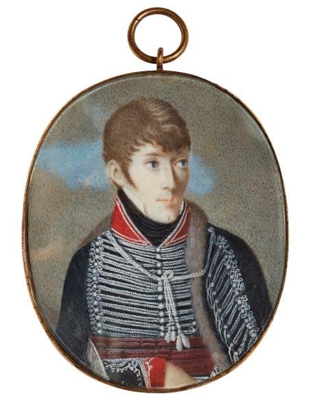 British School, early 19th century- Portrait of a young Hussar officer, half-length turned to the