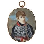 British School, early 19th century- Portrait of a young Hussar officer, half-length turned to the