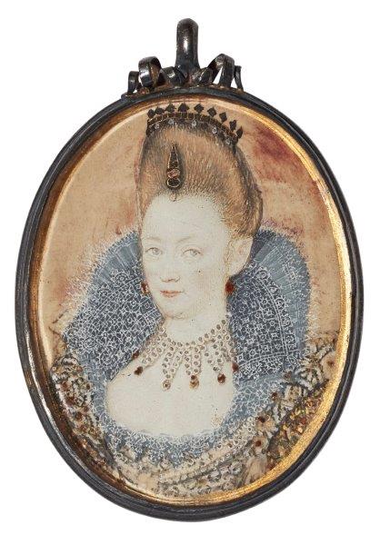 Circle of Isaac Oliver, English c.1556-1617- Portrait miniature of a lady, traditionally held to