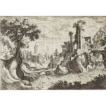 Giovanni Maggi, Italian 1566-1618- Paesaggio fluviale con ponte e rovine; engraving on laid,